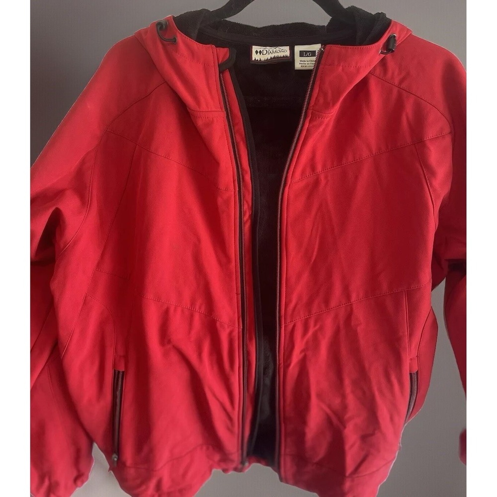 Double Diamond Mens Red Softshell Hooded Jacket Fleece Lined Full Zip Large